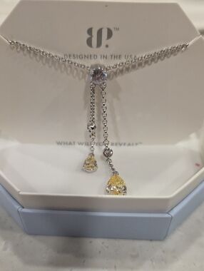 bp Silver Lariat Necklace with Yellow and Clear Teardrop Stones